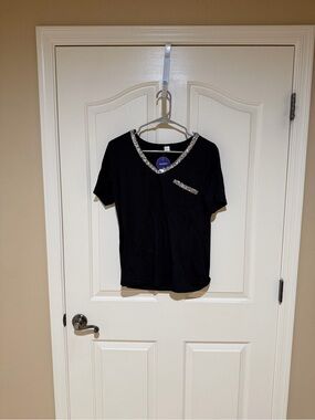 Black V-Neck Tee with Silver Sequin Trim